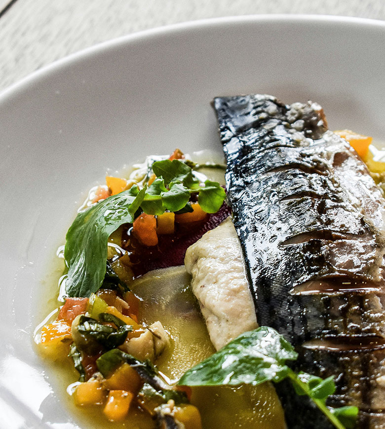 A plate of fresh fish accompanied by colorful vegetables, showcasing the seafood delights of Cornwall and Mount's Bay.