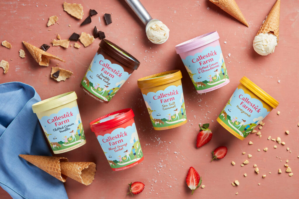 A tempting variety of Callestick Farm ice cream flavors, featuring vibrant colors and textures, all local to Cornwall.
