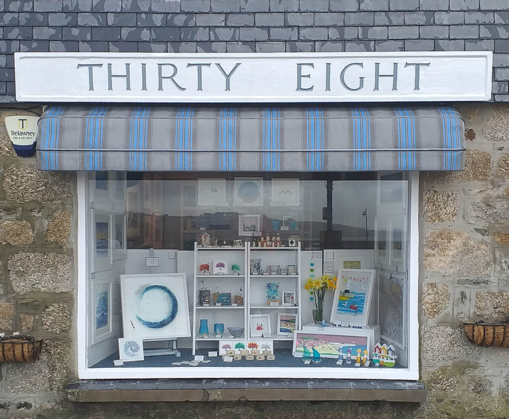 Shop front of Gallery 38 in St Ives, an independent shop in St Ives.