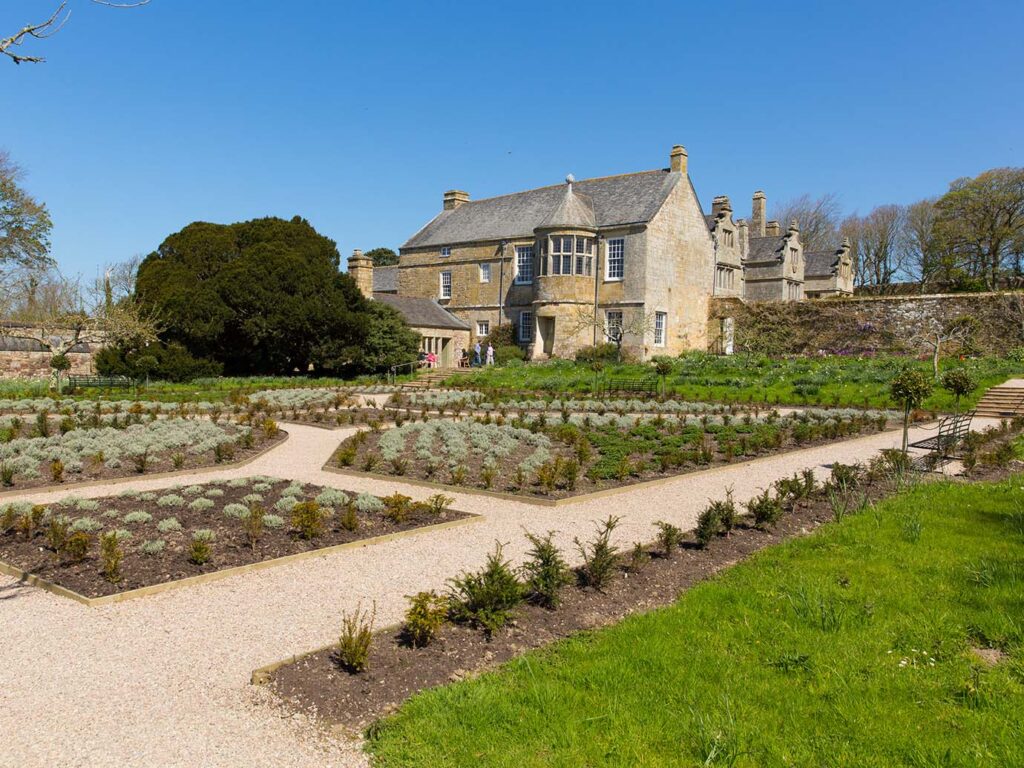 A scenic garden with a stone path leading to Trerice Manor House, surrounded by lush greenery near Newquay, a great piece of arts and heritage.